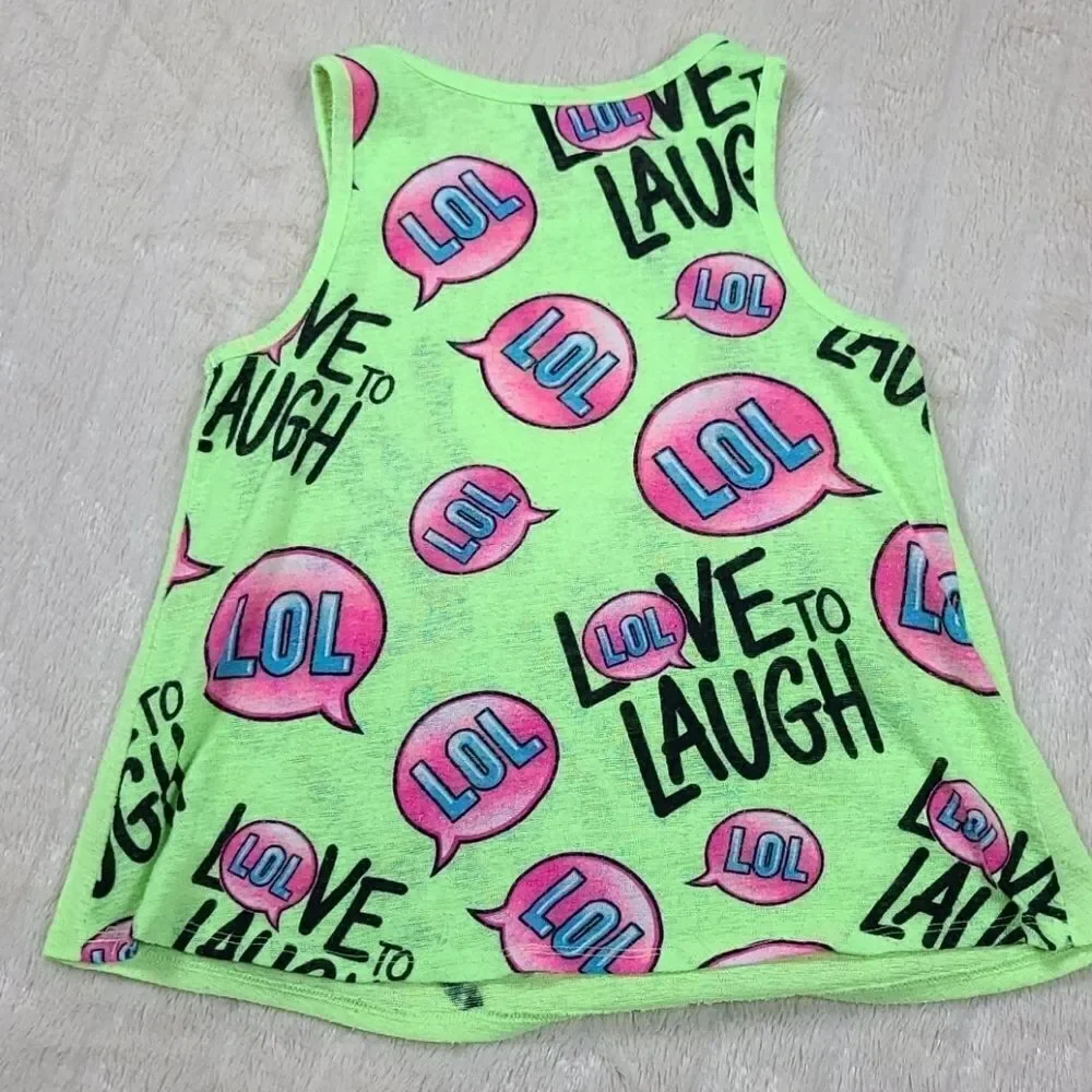 Justice Girls 12 Neon Yellow Glitter LOL Slub Knit Sleeveless TShirt Tank Top